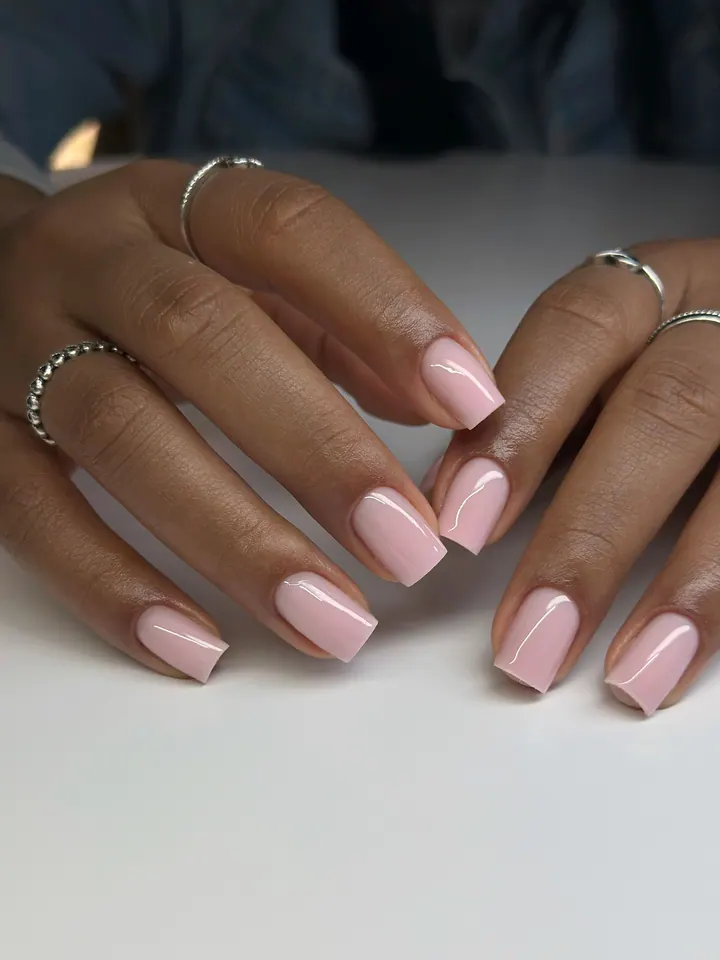Short square structured gel manicure in sheer pink